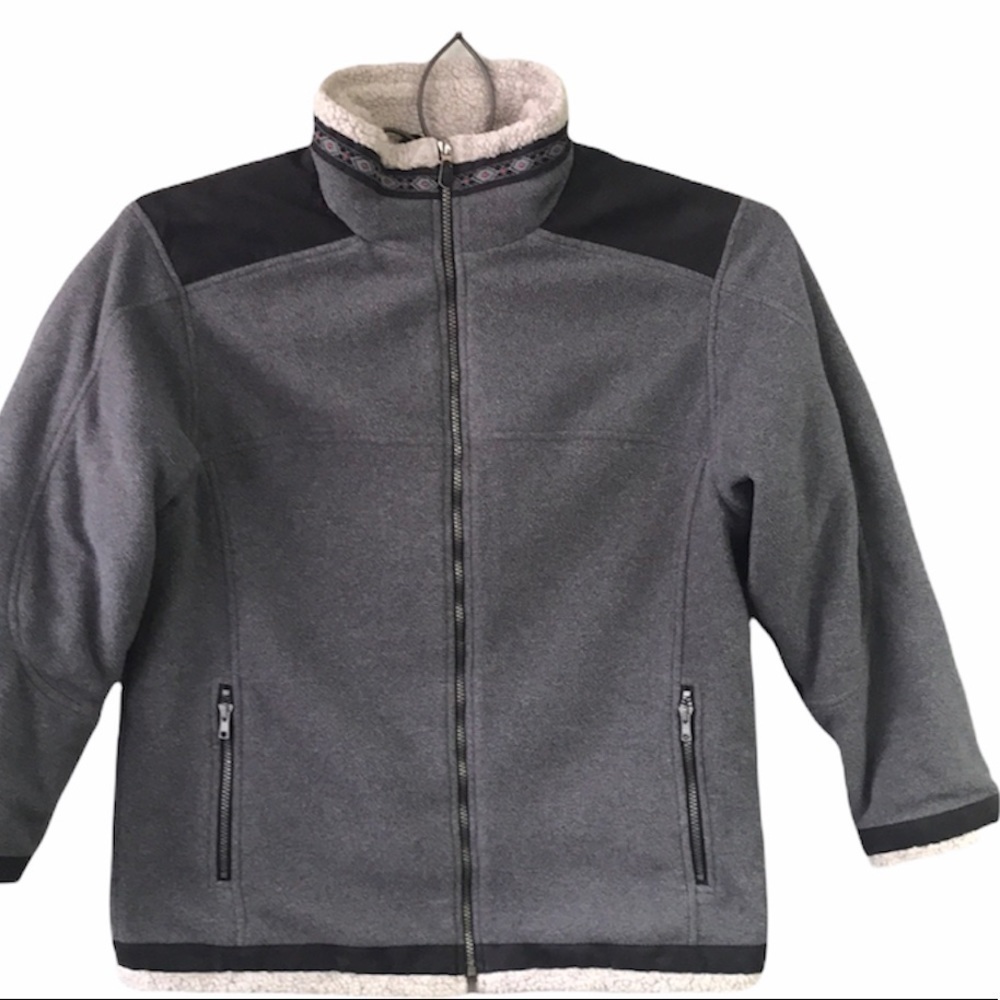 Cabela’s Jacket Women Large Sherpa Lined Fleece Zip Front Retro Elbow Patch Gray